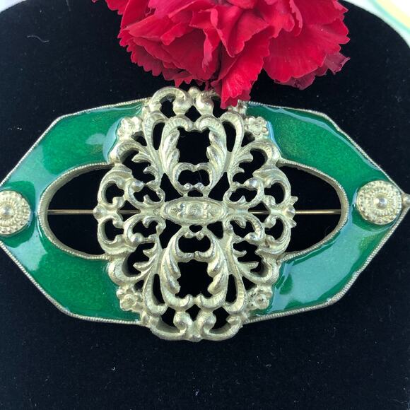 Vintage Signed ELLE Green Enamel Filigree Dark Gold Brooch Pin - Picture 2 of 5
